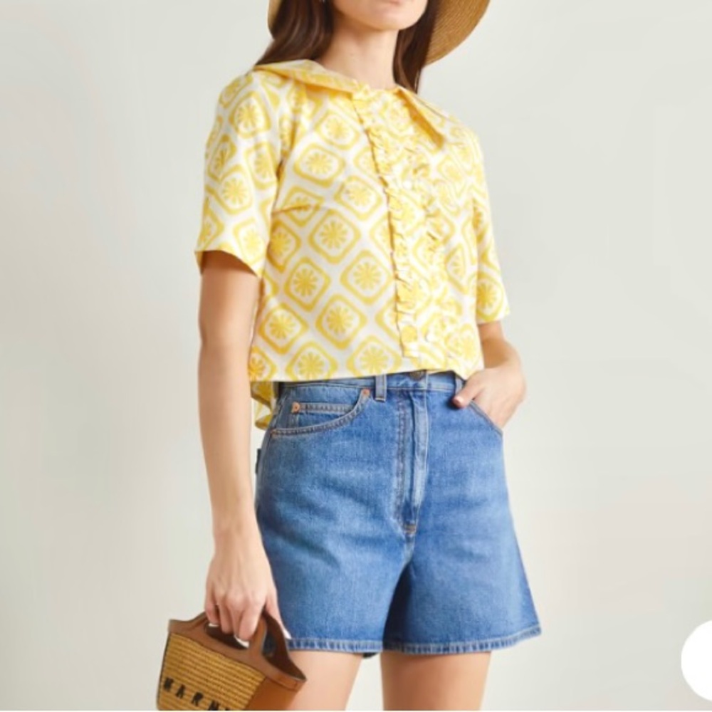 Sindiso Khumalo Gloria Ruffle Floral Cotton Top in Yellow and White Size 10